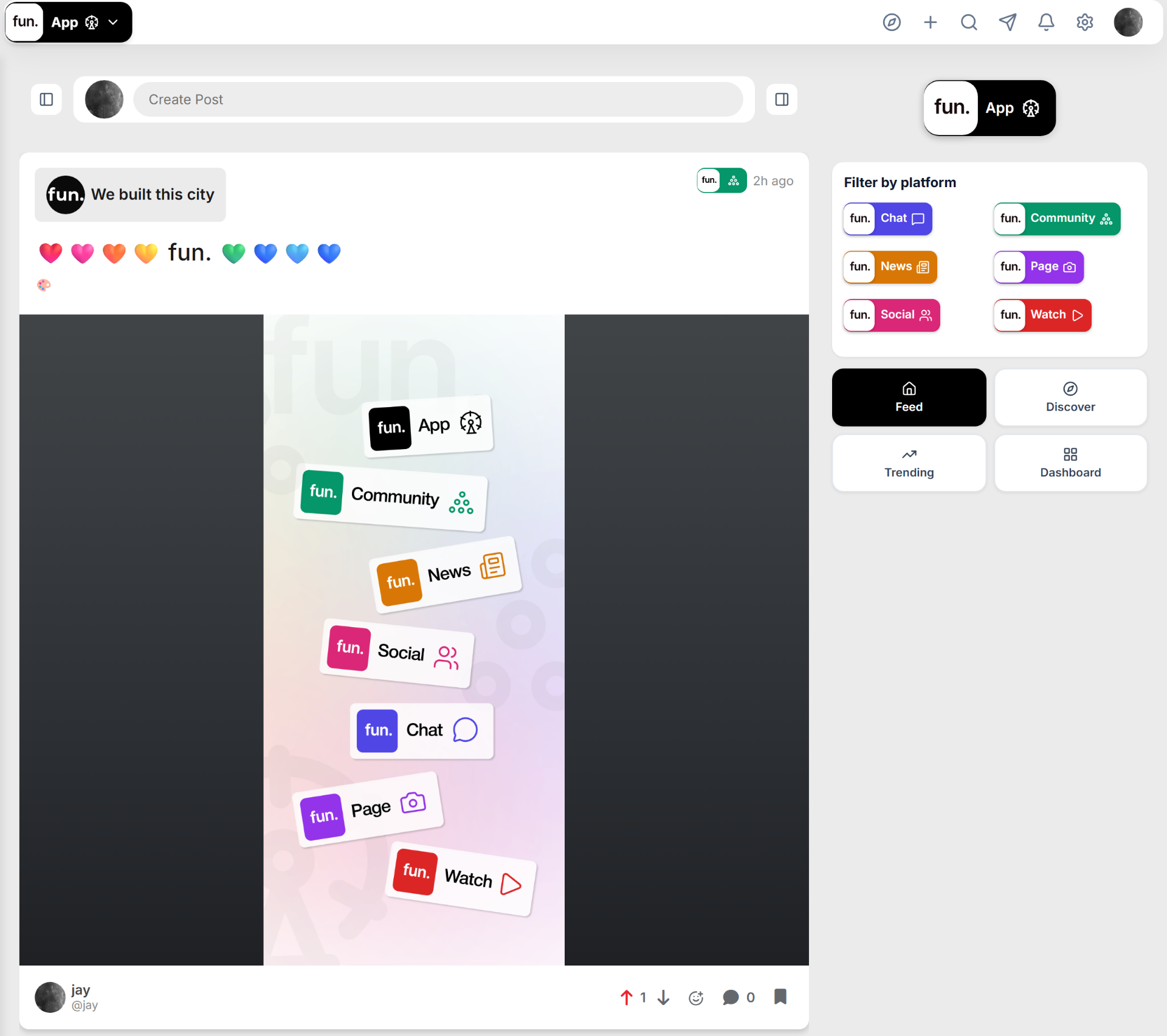 fun.app feed showing posts, platform cards, and navigation
