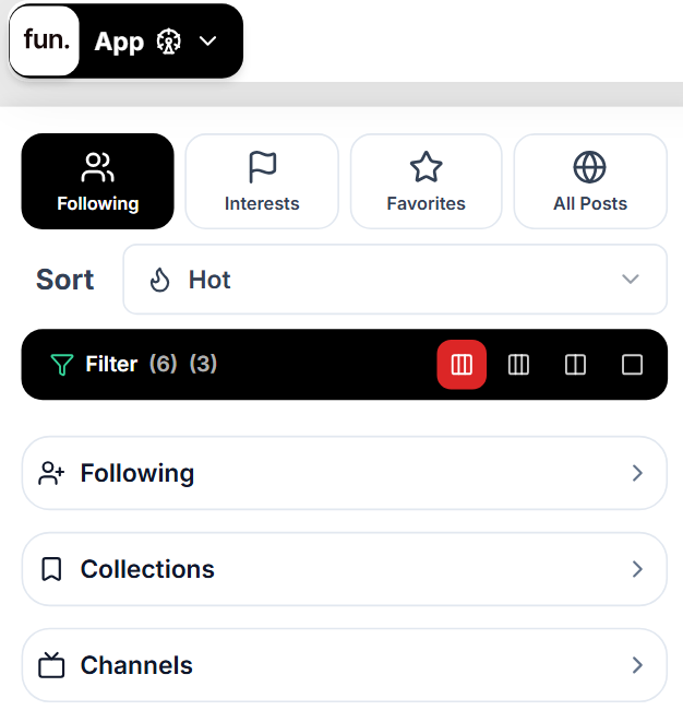 Left sidebar example showing feed filters, sort options, and following collections